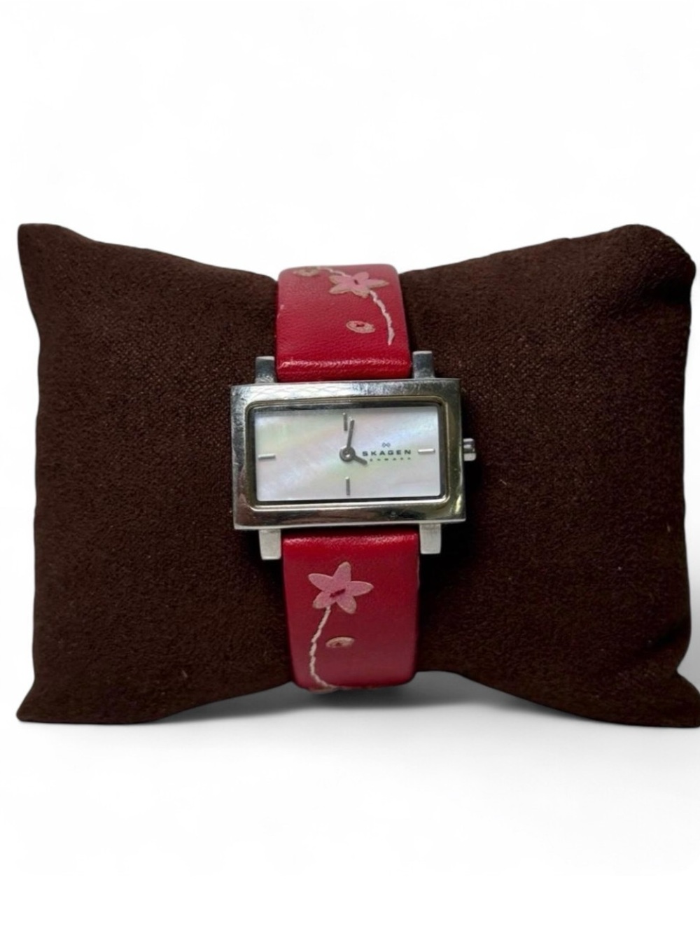 Skagen Denmark Rectangular Mother of Pearl Watch Red Pink Floral Leather Silver